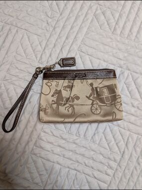 Coach Beige Canvas Horse & Carriage Wristlet with Brown Leather Trim
